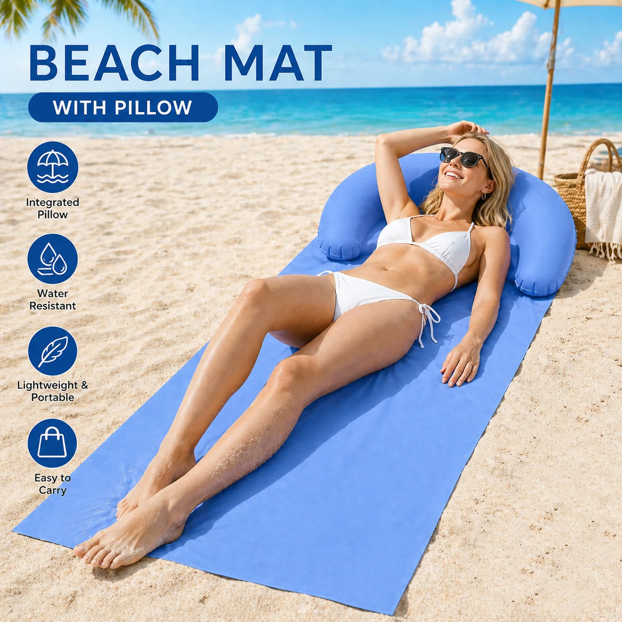 Beach Mat with Inflatable Headrest – Sand-Proof Foldable Camping & Picnic Mat