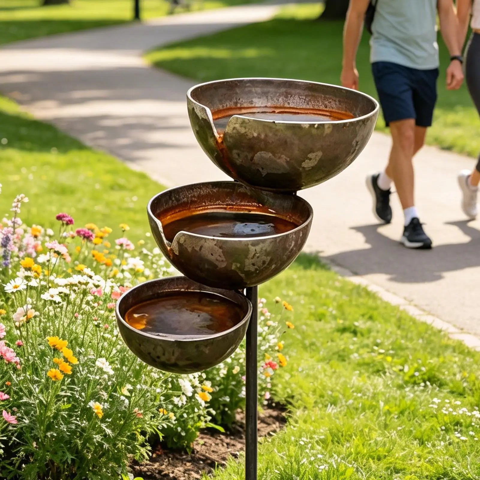3-Tier Bee & Bird Water Station with Garden Stake – Decorative Outdoor Water Bowl for Bees, Butterflies & Birds