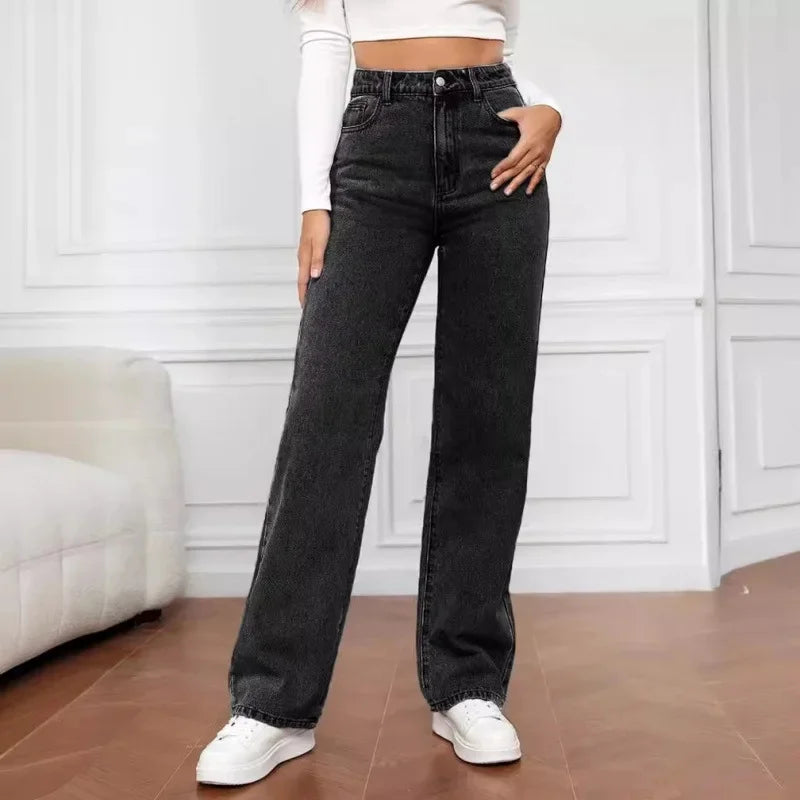2000s Women’s High Waist Wide Leg Straight Jeans – Y2K Loose Fit Denim Trousers