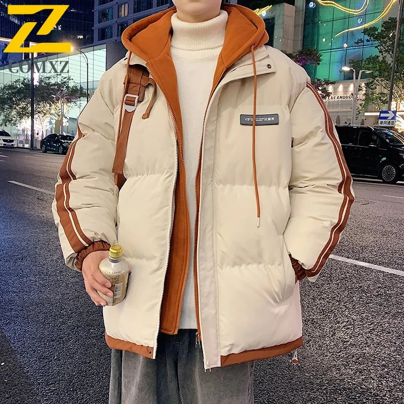 COMXZ 2025 Autumn Winter Men’s Hooded Cotton Jacket – Korean Style Thick Warm Coat