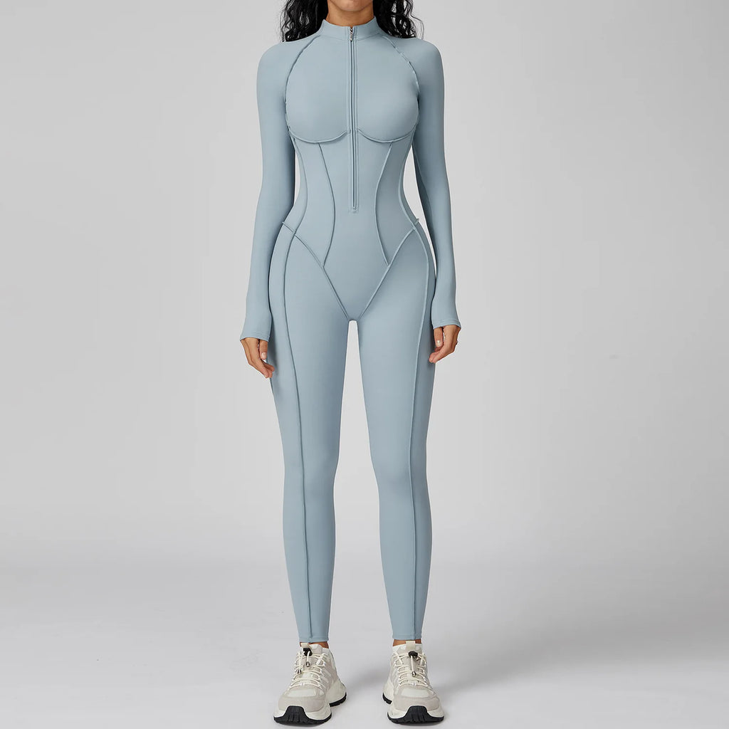 Body de yoga à manches longues pour femme – Combinaison de sport une pièce zippée