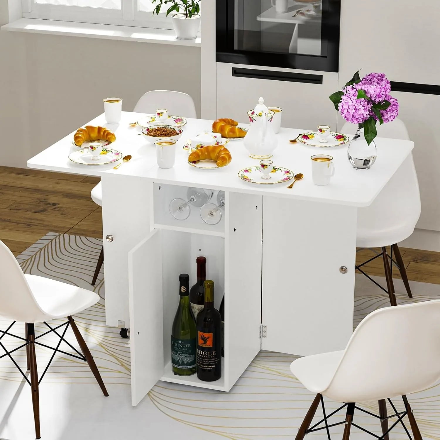 Houten Multifunctionele Opklapbare Eettafel Uitschuifbare en Verplaatsbare Tafel met Wielen en Opbergplanken