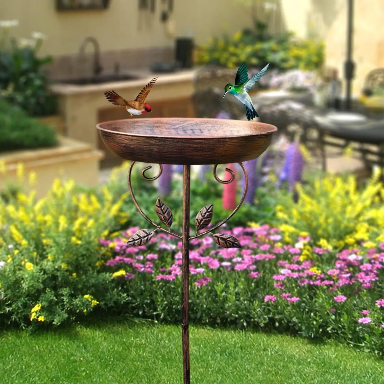 Decorative Metal Bird Bath & Feeder with Garden Stake – Outdoor Water Bowl for Garden, Patio, Lawn & Backyard