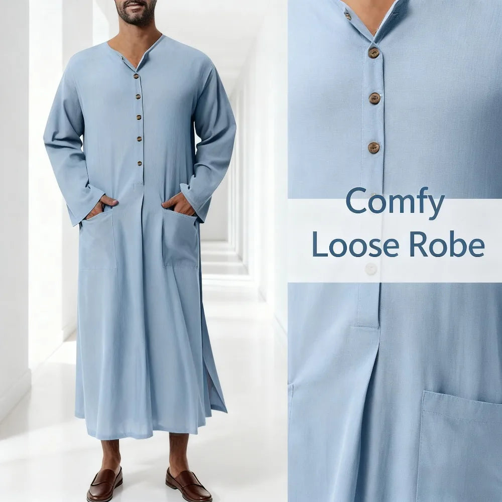 Middle Eastern Ethnic Men’s Robe Dubai Style Loose Stand Collar Long Sleeve Thobe – Traditional Islamic Casual Wear