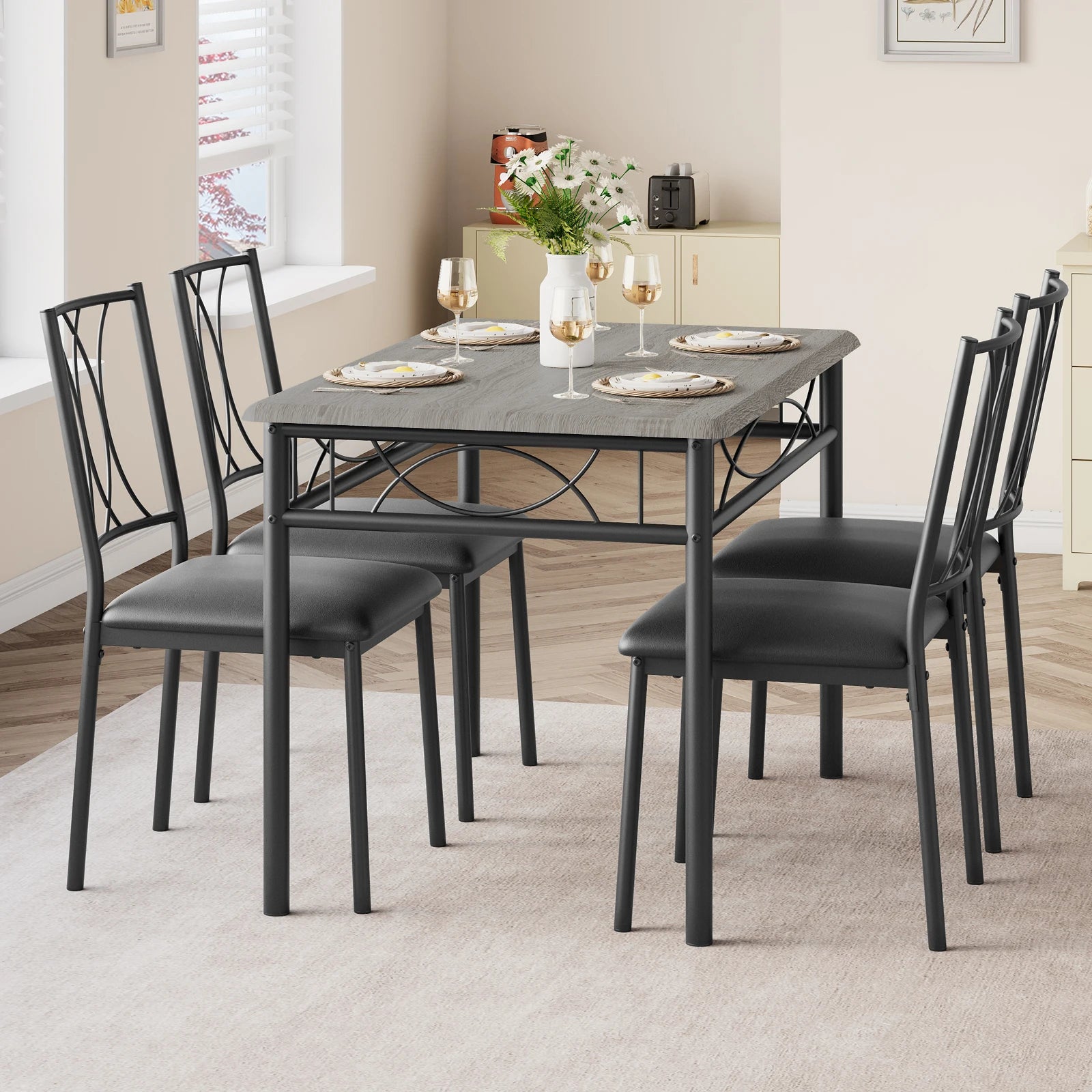 5-Piece Dining Table Set – Kitchen Table & 4 Chairs, Easy-Clean Wooden Top