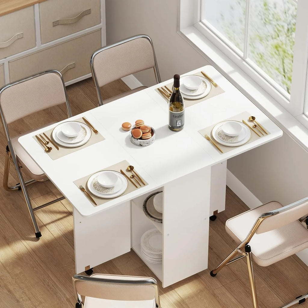 Table à manger pliante multifonctionnelle en bois Rétractable et mobile avec roues et étagères de rangement