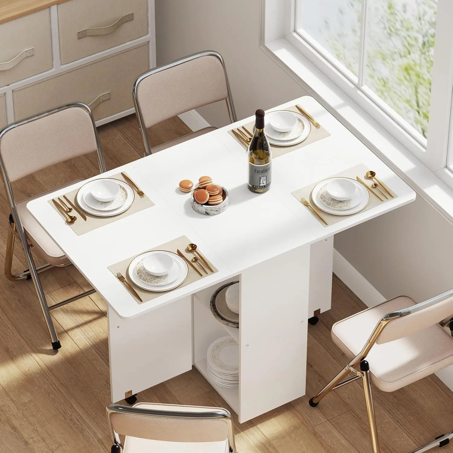 Houten Multifunctionele Opklapbare Eettafel Uitschuifbare en Verplaatsbare Tafel met Wielen en Opbergplanken