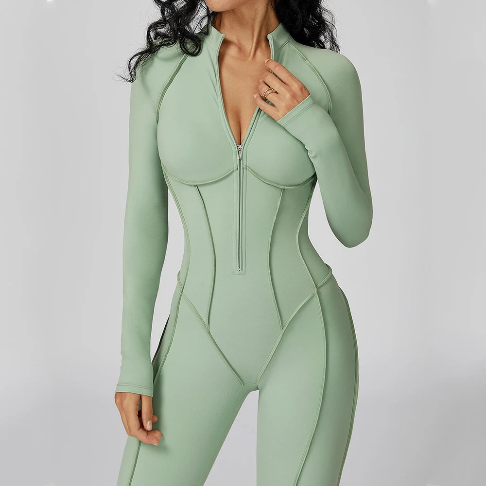 Body de yoga à manches longues pour femme – Combinaison de sport une pièce zippée