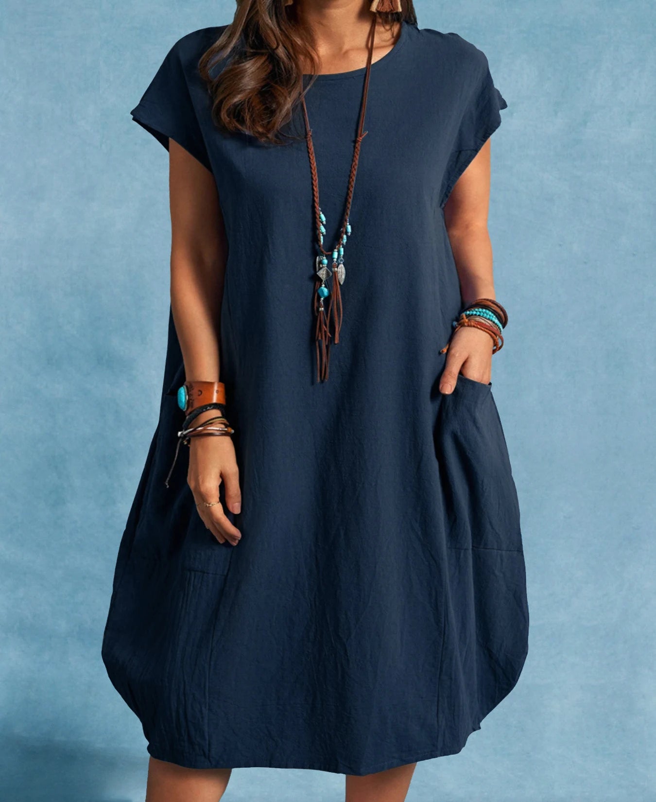 Robe décontractée unie Europe & Amérique – Col rond coupe ample (printemps/été)