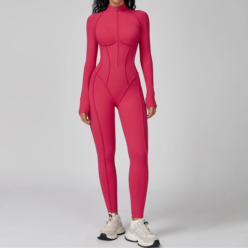 Body de yoga à manches longues pour femme – Combinaison de sport une pièce zippée