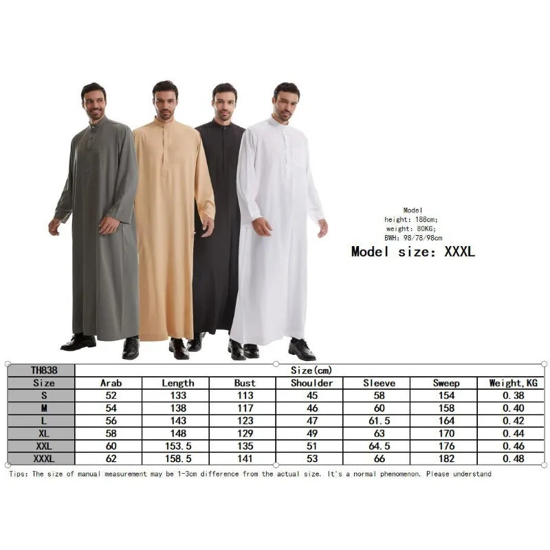 Saudi Islamic Muslim Men’s Jubba Thobe Dubai-Inspired Arab Robe with Zipper-Style Kimono Design