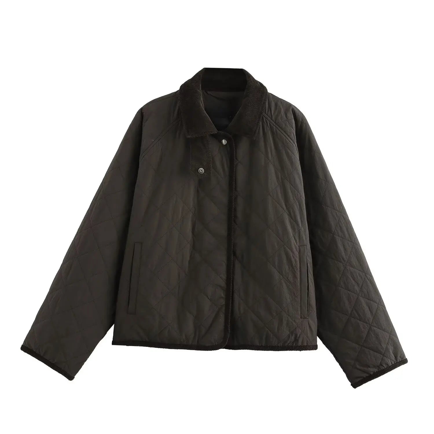 KASLEAD Women’s High Collar Diamond Pattern Jacket – Street Style Short Coat