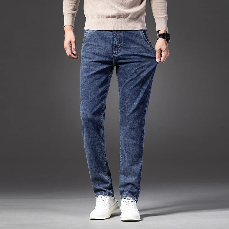 Autumn Men’s Classic Blue Slim Fit Straight Jeans – High Quality Casual Denim