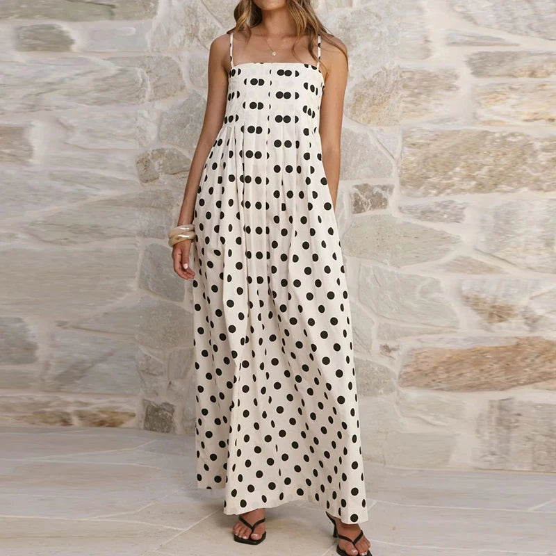 Robe longue d'été sexy à pois, épaules dénudées, dos nu et taille haute pour femme