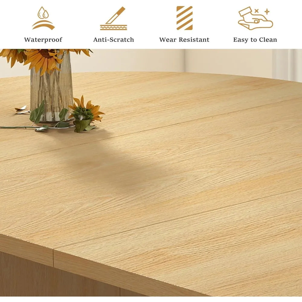 Table de cuisine ronde extensible avec piétement cannelé, style ferme moderne, table de salle à manger extensible de 104 cm à 198 cm pour 4 à 8 personnes