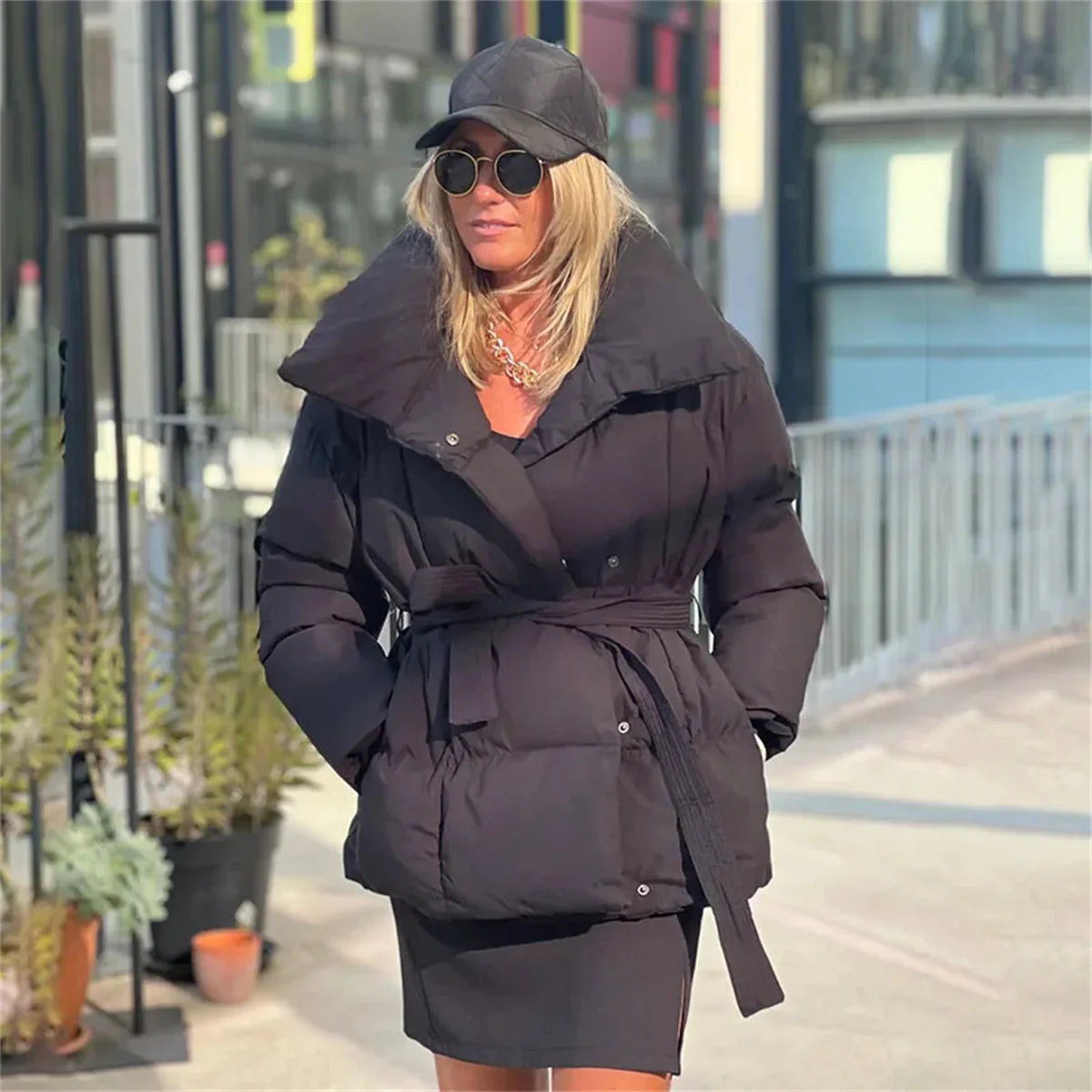 Winter Thick Stand Collar Puffer Jacket for Women – Tie Waist Short Parka Coat