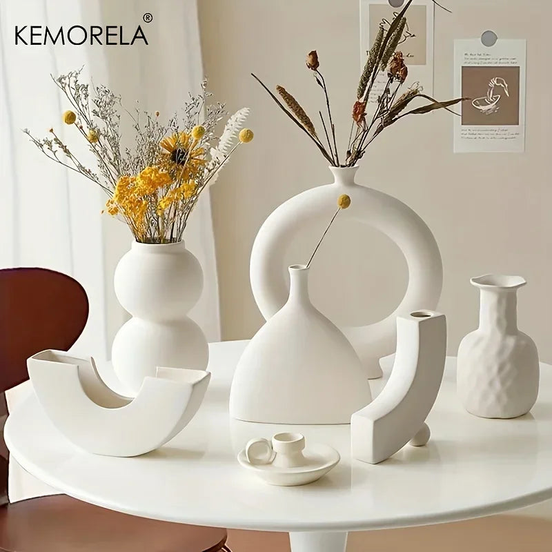 Nordic Ceramic Vase Circular Hollow Donuts Flower Pot Home Living Room Decoration Accessories Interior Office Desktop Decor Gift