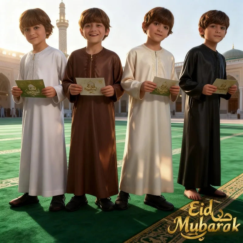 Thawb pour adolescent musulman – Jubba à col rond couleur café