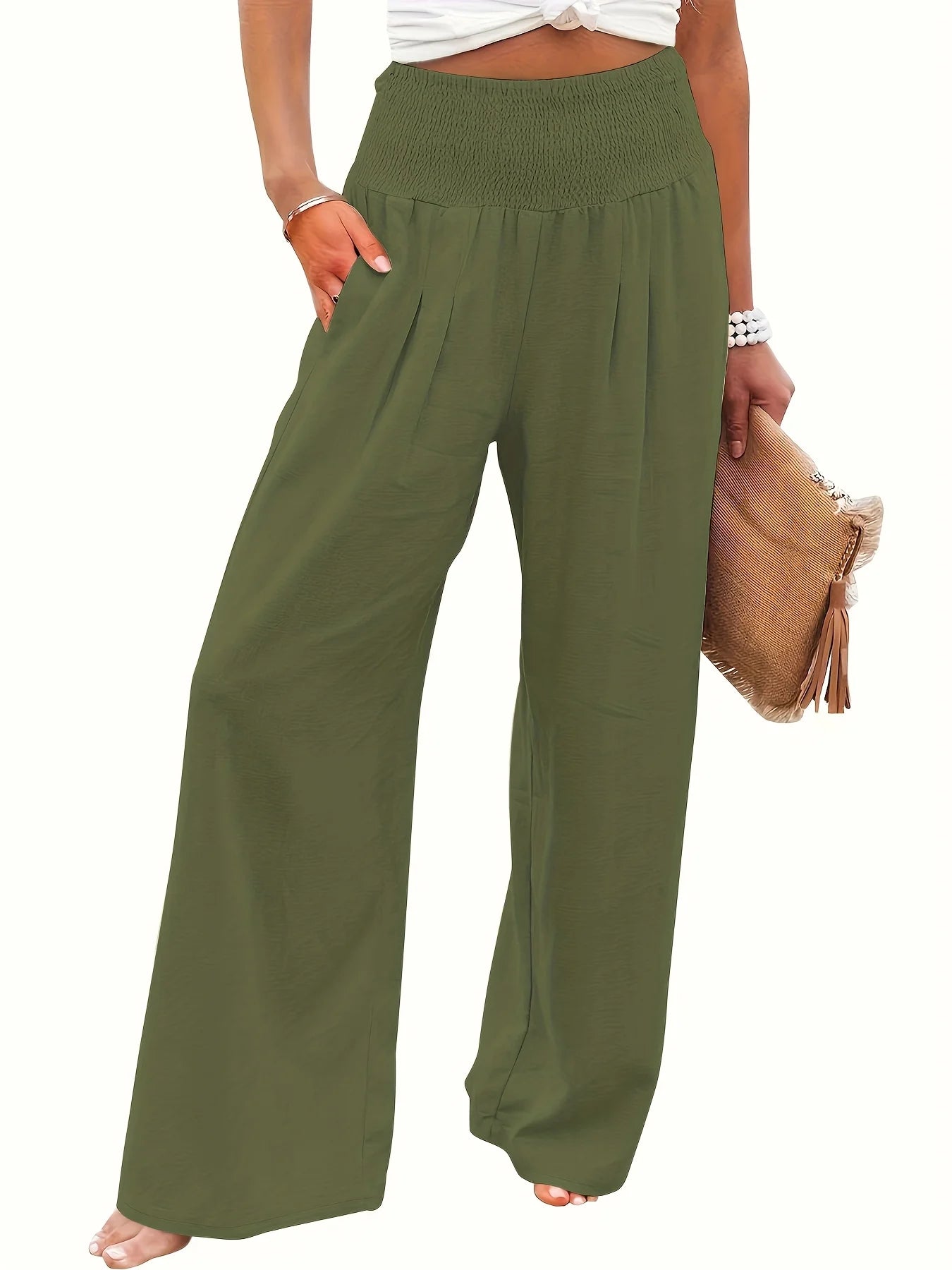 Pantalon décontracté large taille haute en coton et lin — Meilleure vente Pantalon amincissant et ample pour l'été