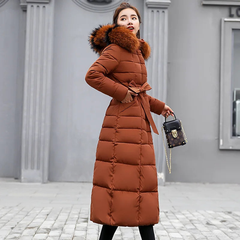 Winter Women’s Long Parka Coat – Fox Fur Collar with Bow Belt
