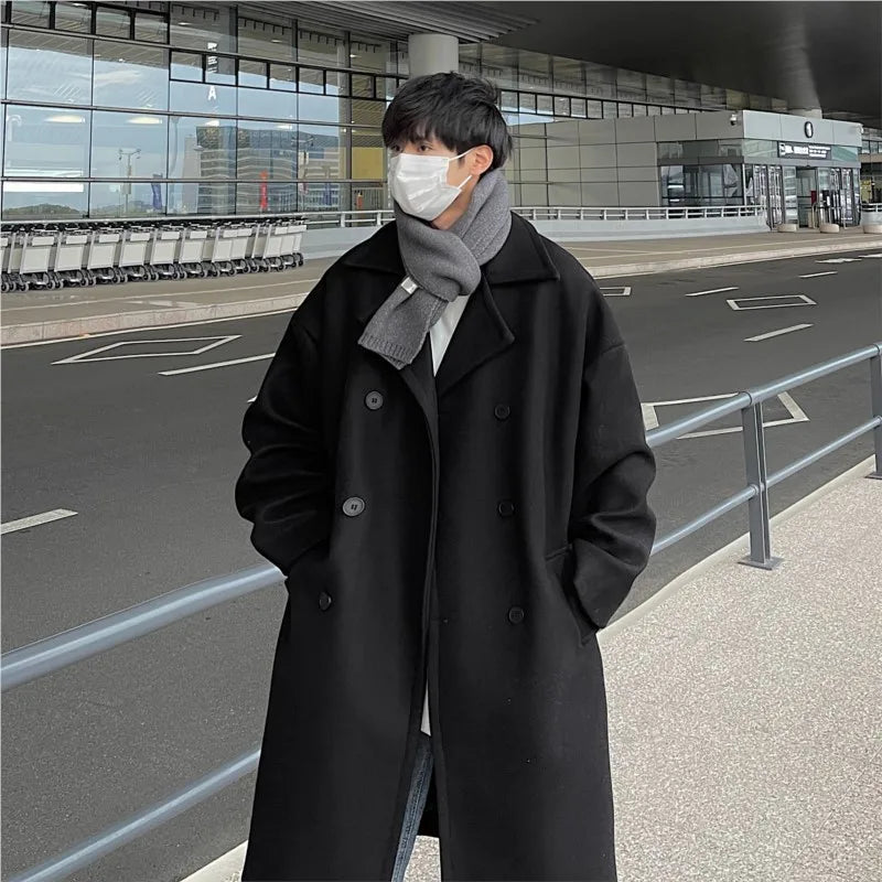 Men’s Long Dust Coat – Korean Style Wool Blend Trench