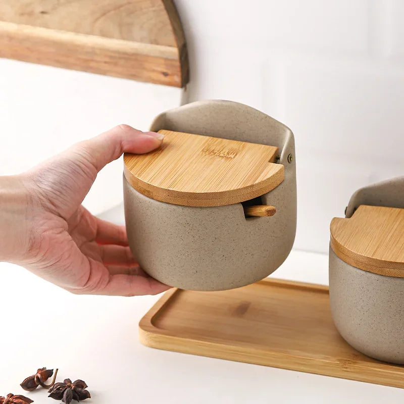 Japanese Style Ceramic Spice Jar with Bamboo Lid & Spoon – Kitchen Storage Box