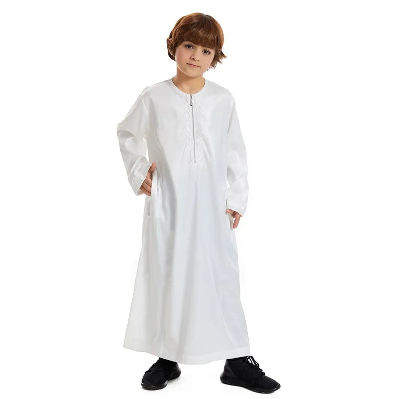 Thawb pour adolescent musulman – Jubba à col rond couleur café