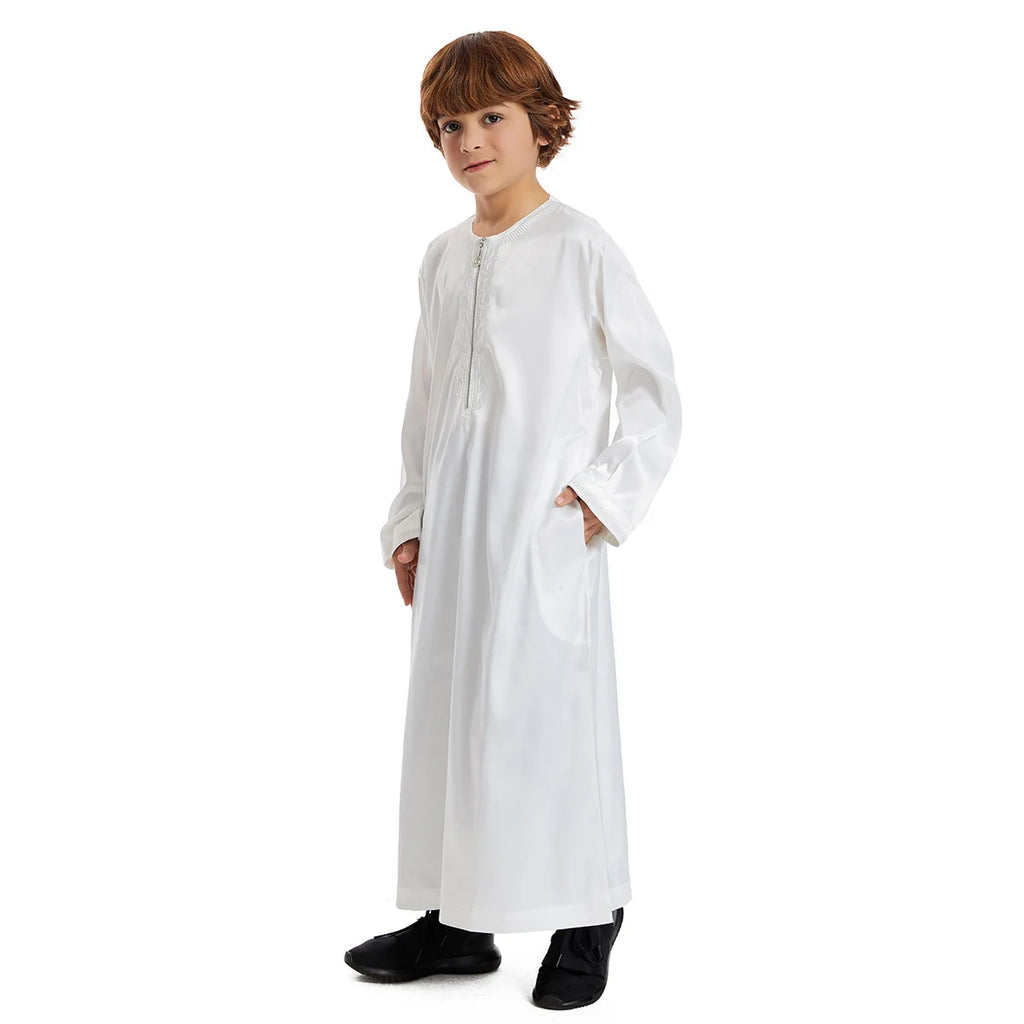 Thawb pour adolescent musulman – Jubba à col rond couleur café