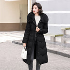 Elegant Winter Fur Hooded Down Jacket for Women – Thick Long Cotton Padded Parka