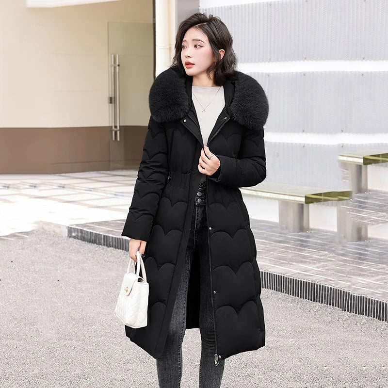 Elegant Winter Fur Hooded Down Jacket for Women – Thick Long Cotton Padded Parka