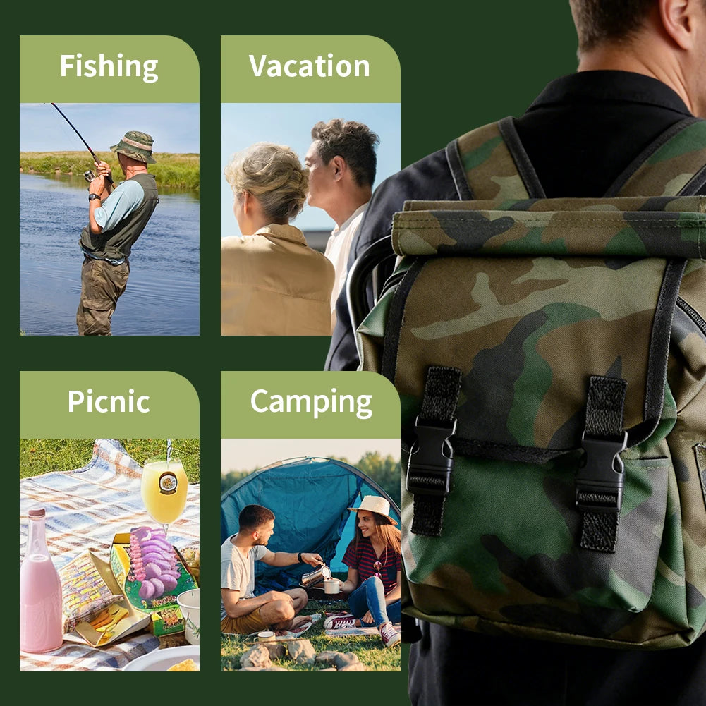 Folding Camping Stool Backpack Chair – Portable Fishing Seat with Storage Bag