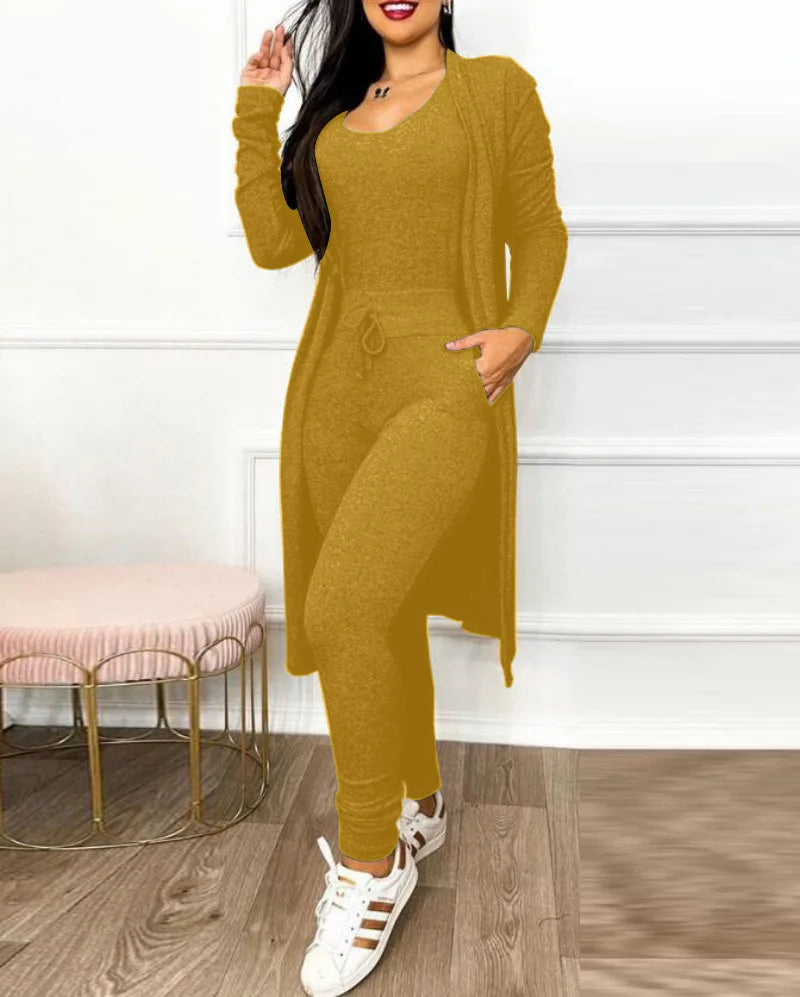 Drawstring Pocket Design Jumpsuit & Coat Set – Women’s Autumn Slim Fit Outfit