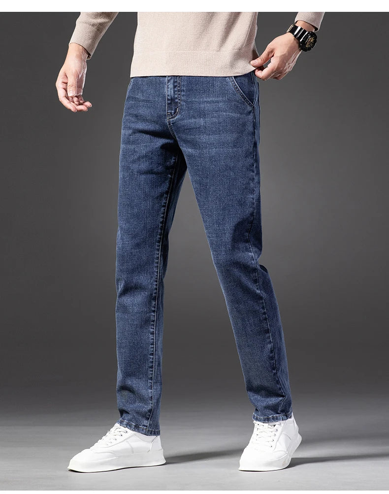 Autumn Men’s Classic Blue Slim Fit Straight Jeans – High Quality Casual Denim