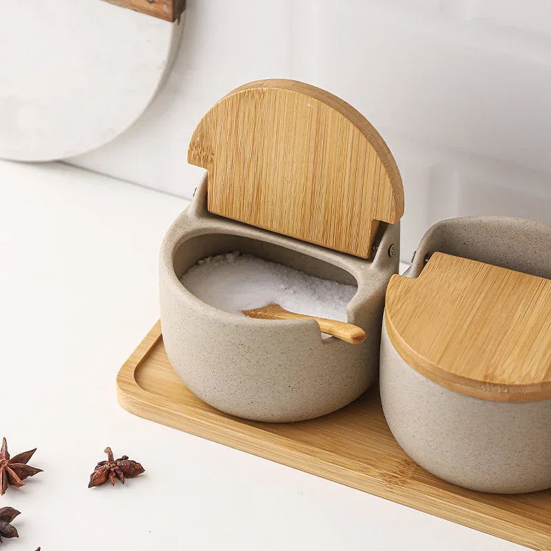 Japanese Style Ceramic Spice Jar with Bamboo Lid & Spoon – Kitchen Storage Box