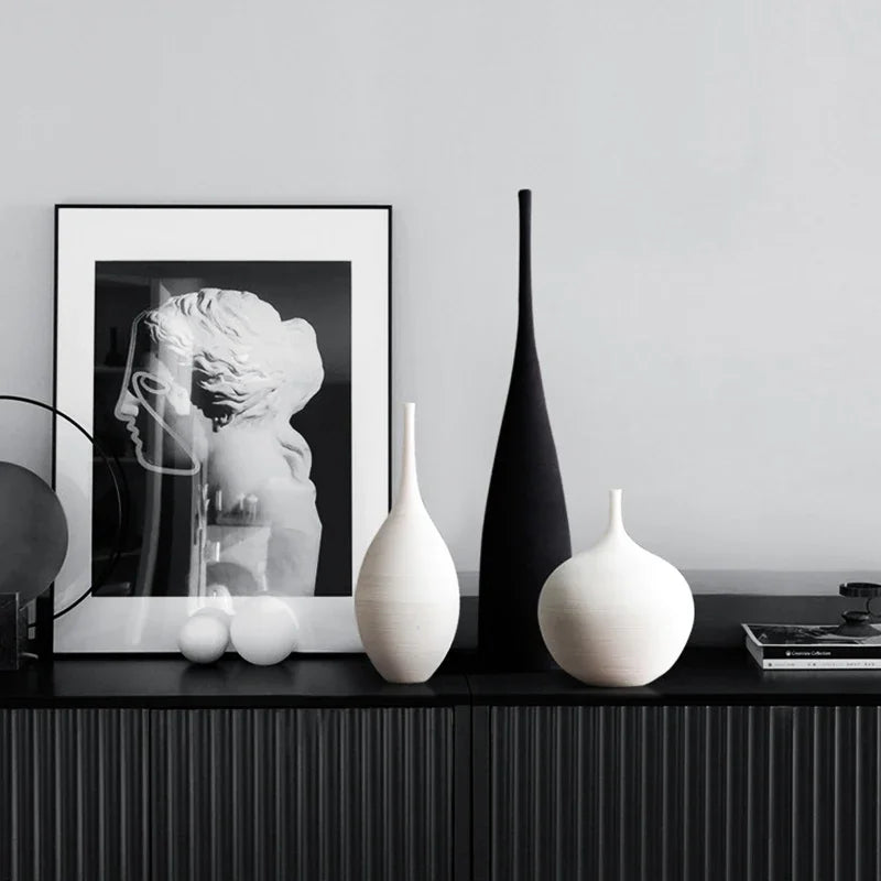 Minimalist Handmade Zen Ceramic Vase – Black & White Hand-Drawn Art for Living Room & Home Decor