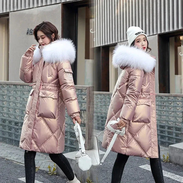 Women’s Champagne Winter Parka – Fur Collar Hooded Cotton-Padded Jacket