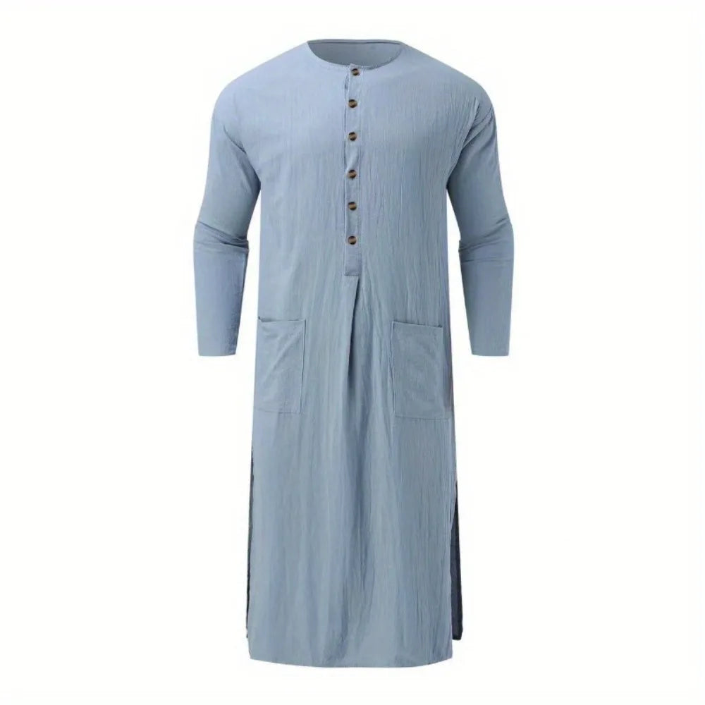 Middle Eastern Ethnic Men’s Robe Dubai Style Loose Stand Collar Long Sleeve Thobe – Traditional Islamic Casual Wear