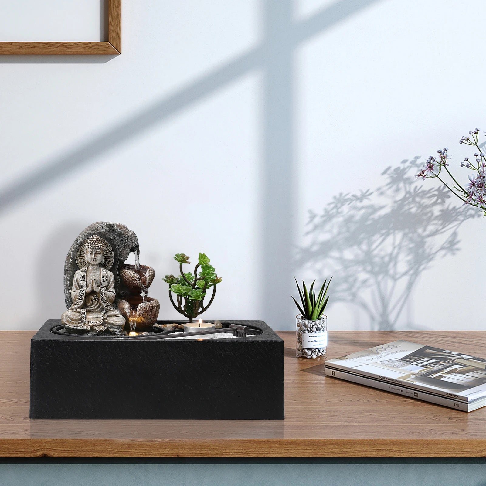Tabletop Resin Water Fountain with LED Light – Indoor Zen Desk Decor Feature