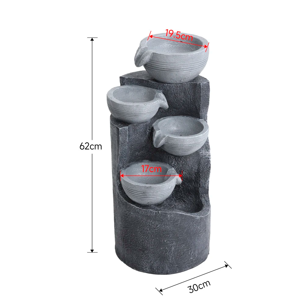 Rustic Outdoor Floor Water Fountain with LED Lights – Cascading Bowls for Patio
