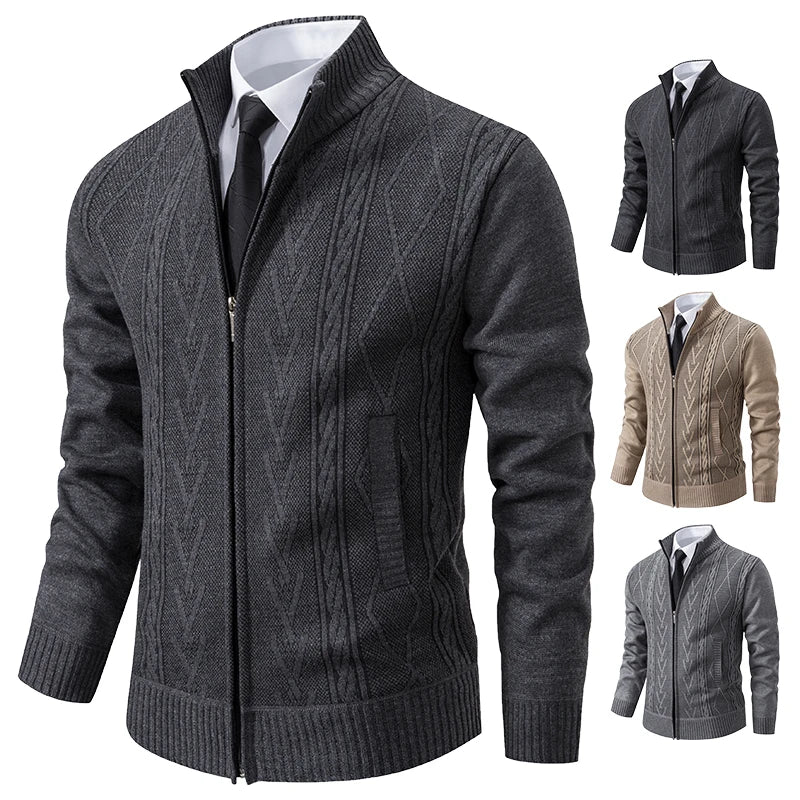 Men’s Autumn Winter Cashmere Padded Knitted Sweater Coat – Thick Warm Zipper Cardigan Jacket