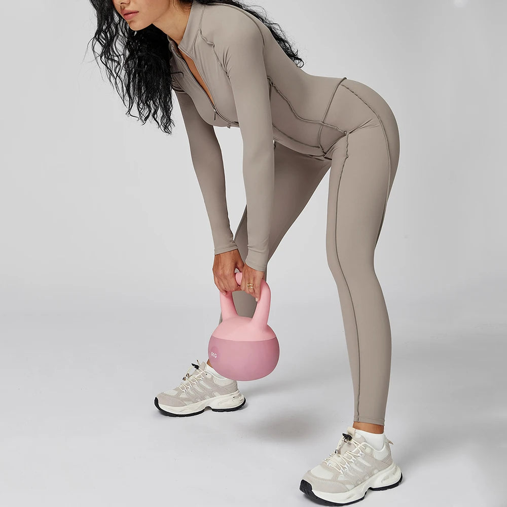 Body de yoga à manches longues pour femme – Combinaison de sport une pièce zippée