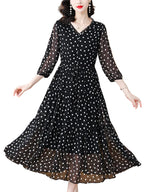 Summer Black Polka Dot Silk Midi Dress – Elegant Ruffled V-Neck Hepburn Style Party Dress