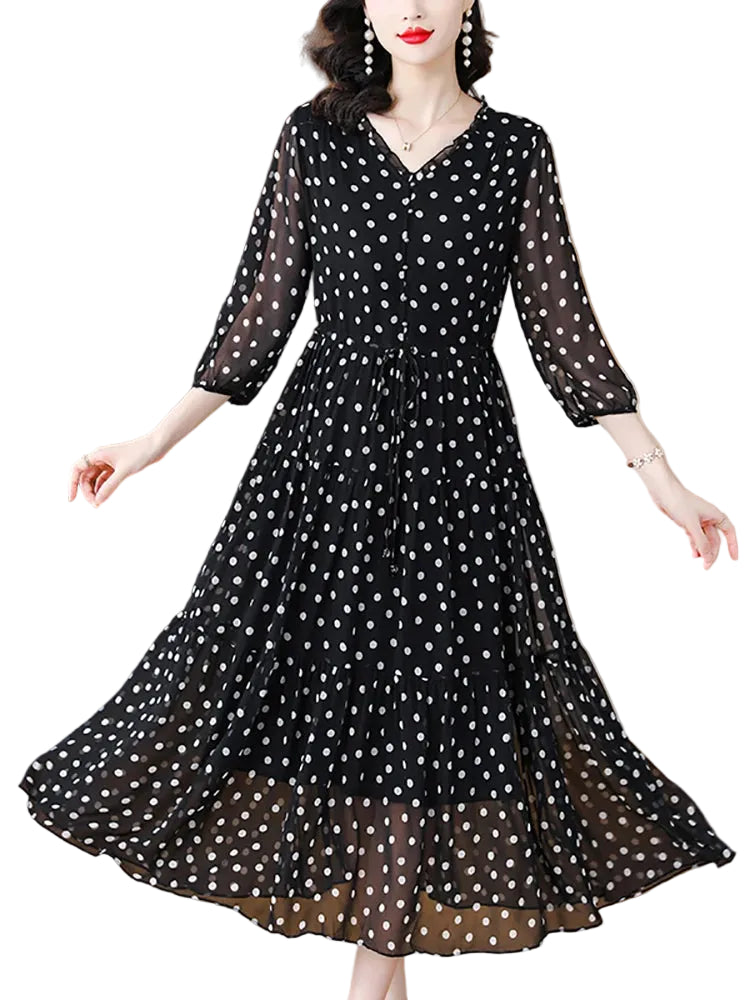 Robe mi-longue en soie à pois noirs d'été – Robe de soirée élégante à volants, col en V, style Hepburn