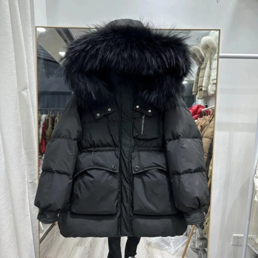 Mid-length Hooded Fluffy Puffer Jacket for Women – Real Raccoon Fur & White Duck Down Winter Coat