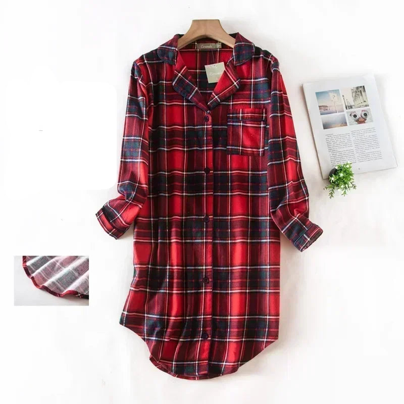 Chemise de nuit à carreaux en flanelle de coton pour femme