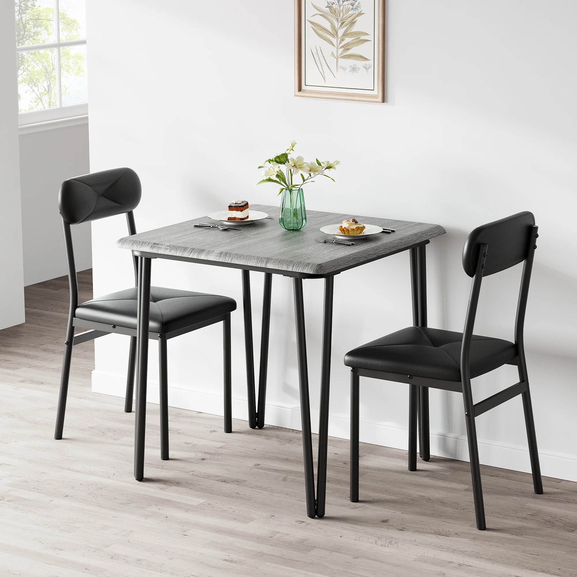 Eettafelset voor 2 – Vierkante keukentafel en gestoffeerde stoelen (3-delige set)