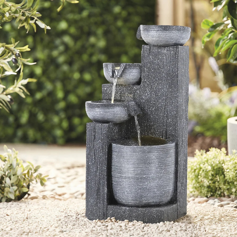Rustic Outdoor Floor Water Fountain with LED Lights – Cascading Bowls for Patio