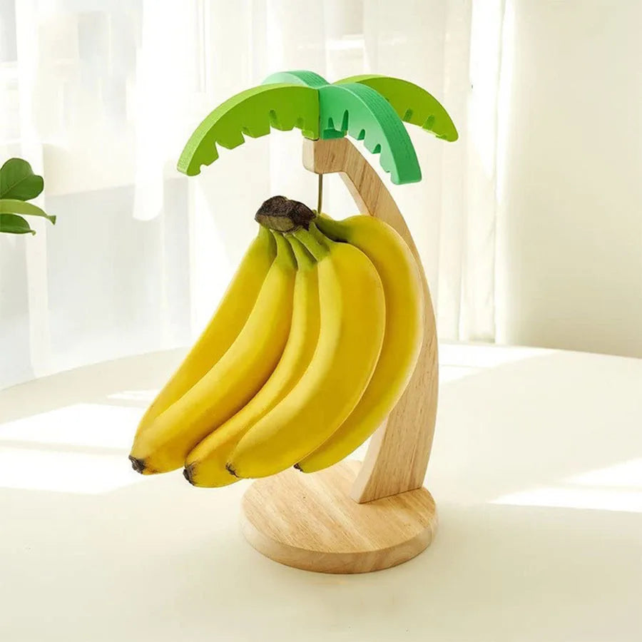 Wooden Banana Rack with Hook – Decorative Leaf Design Vertical Fruit Storage