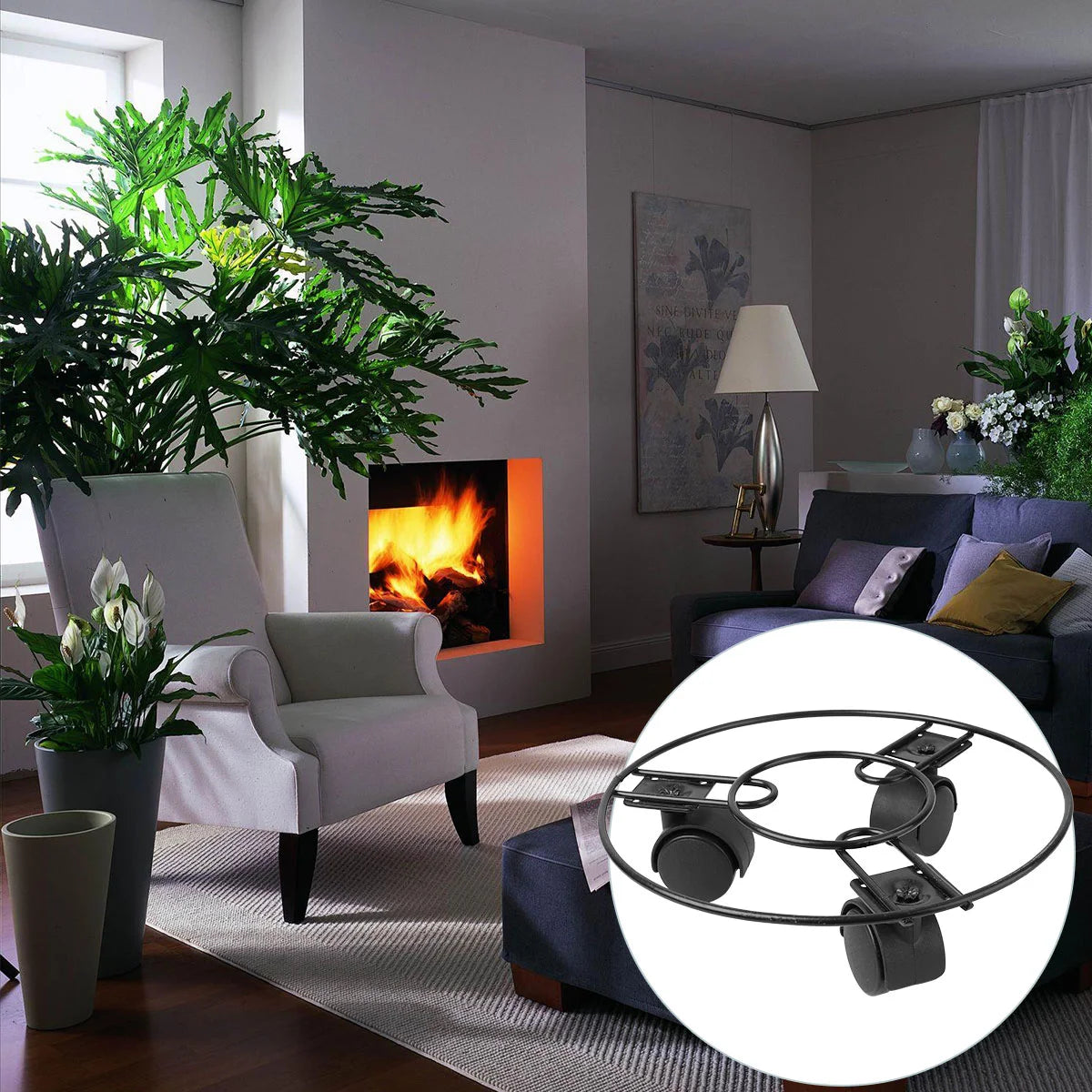 Flower Pot Tray Potted Plants Stand Round Rack Flowerpot Movable Shelf with Wheels Metal Rolling Coaster