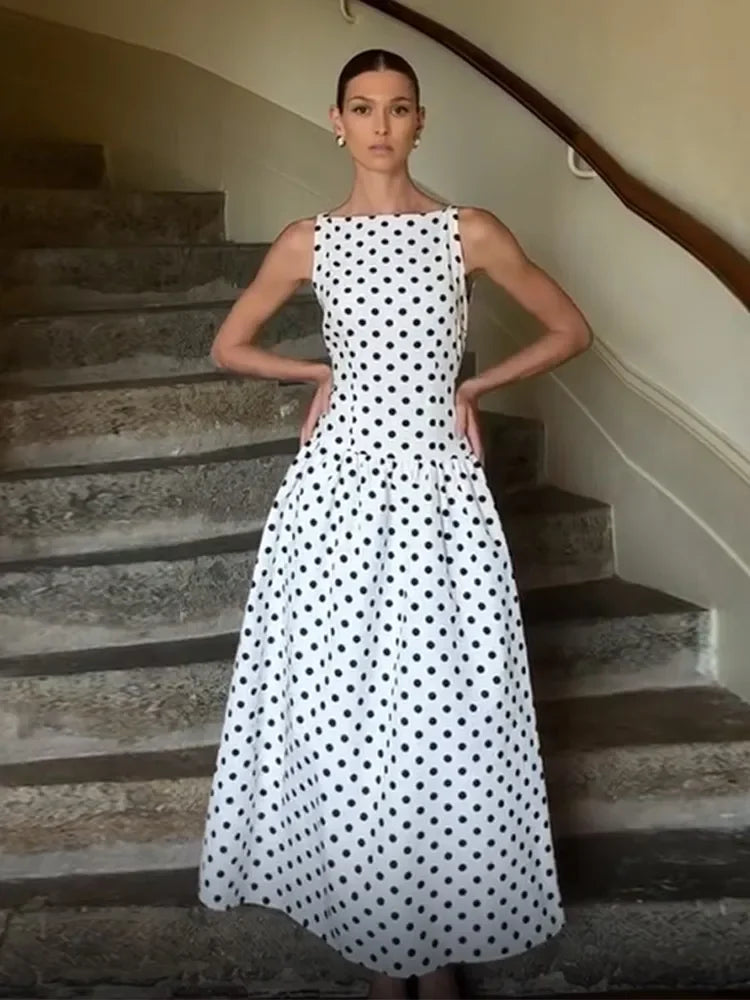 Robe longue élégante à pois pour femme – Robe de soirée sans manches taille haute évasée